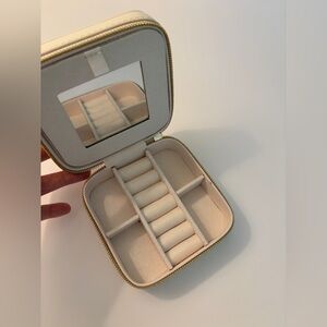 Compact Travel Jewelry Box - Cream Faux Leather with Gold Zipper